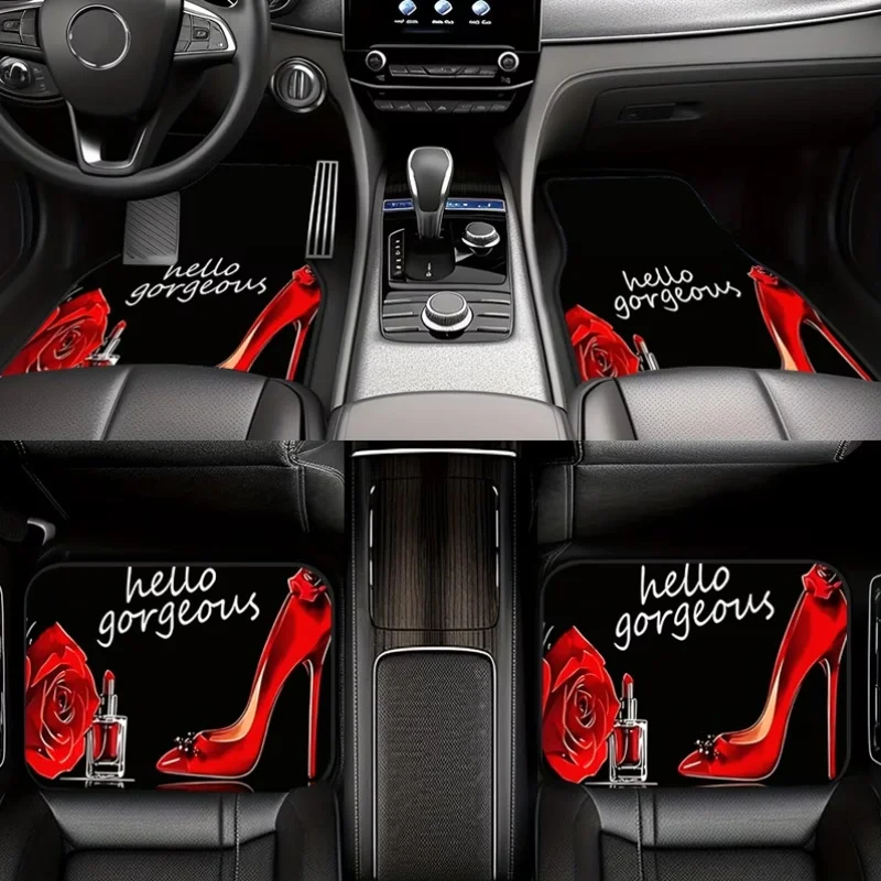 4Pcs Red Rose High Heel Shoe Print Fashionable and Simple Car Floor Mats, Wear-Resistant and Stable, Durable and Long-Lasting, Suitable for All Seasons, Practical Car Interior Decoration Accessories, Ignite the Spirit of Speed, with Elegant and Charming Patterns Showcasing a Luxurious Style, a Must-Have for Car Interior Upgrades