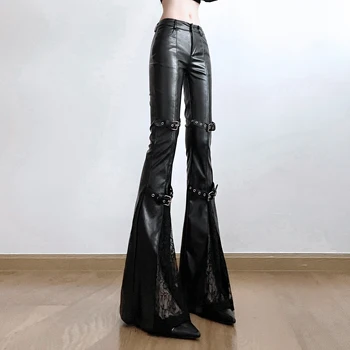 Goth PU Leather Flare Pants 2 SUCHCUTE PU Leather Flare Pant Goth Buckle Lace Patchwork Pants Women Fashion Y2K Streetwear Vintage Aesthetics Casual Trouesrs 2