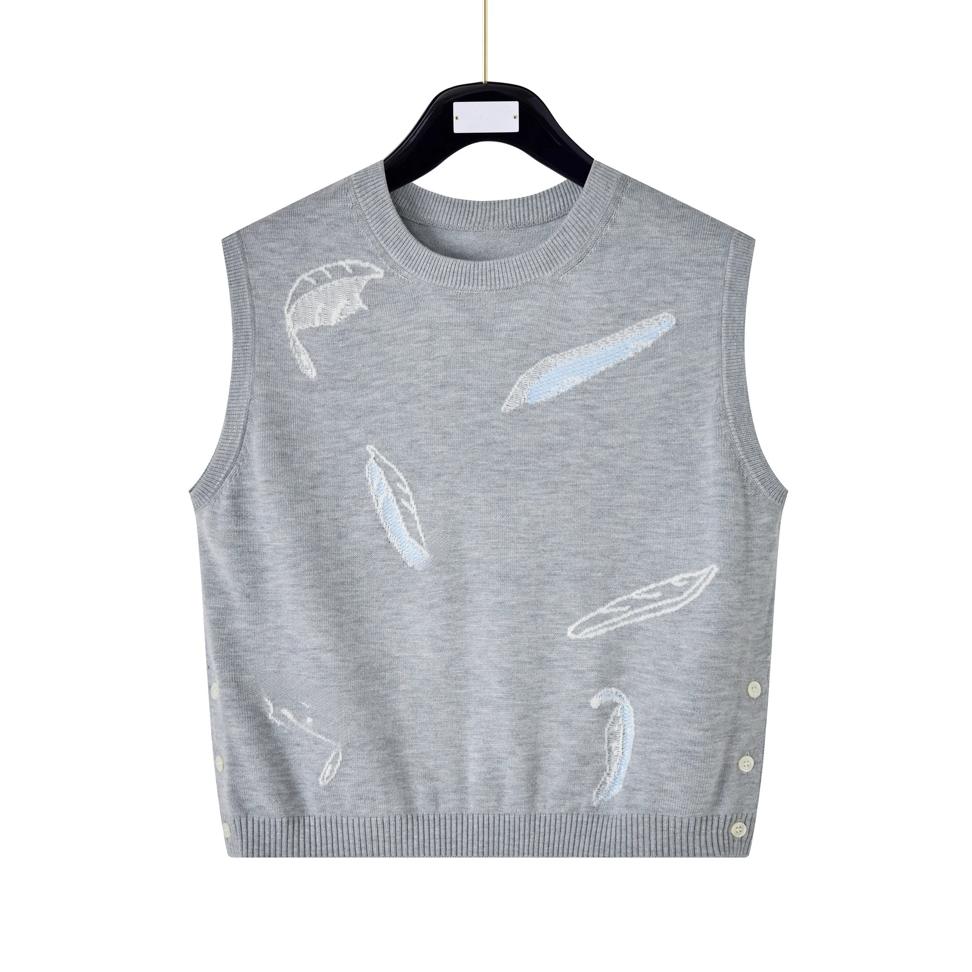 

Faionable Women's Knitted round Ne Vest Spring Autumn New Sle Casual Feather Embroidery All-Match Sli Top