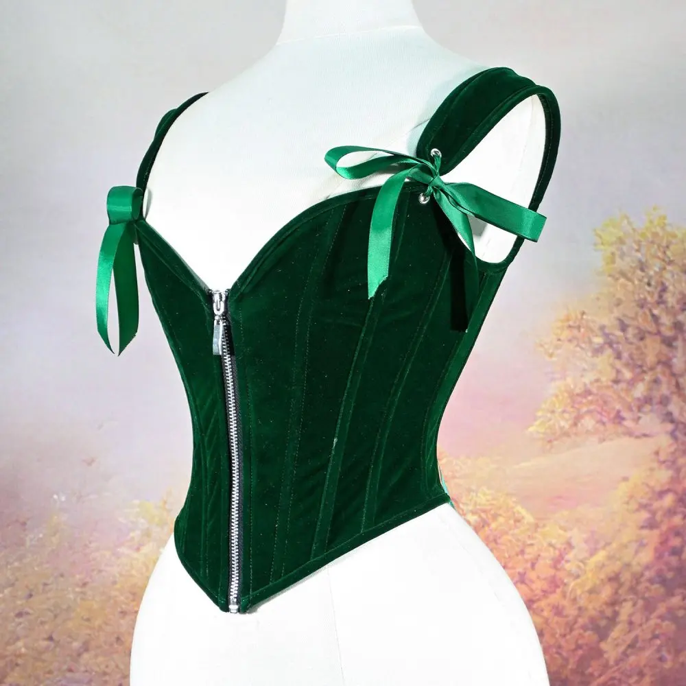 Velvet Bow Strap Corset Top Front Zipper Boned Waist Shape Tank Top Women Vintage Hourglass Body Shaper Vest