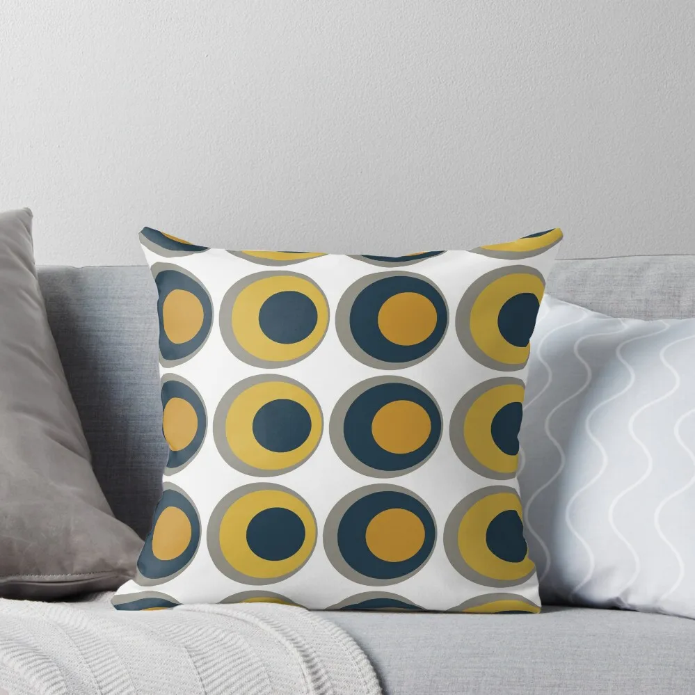 

Double Dots Retro Pattern in Light and Dark Mustard Yellow, Navy Blue, Grey, and White Throw Pillow Custom Cushion pillow