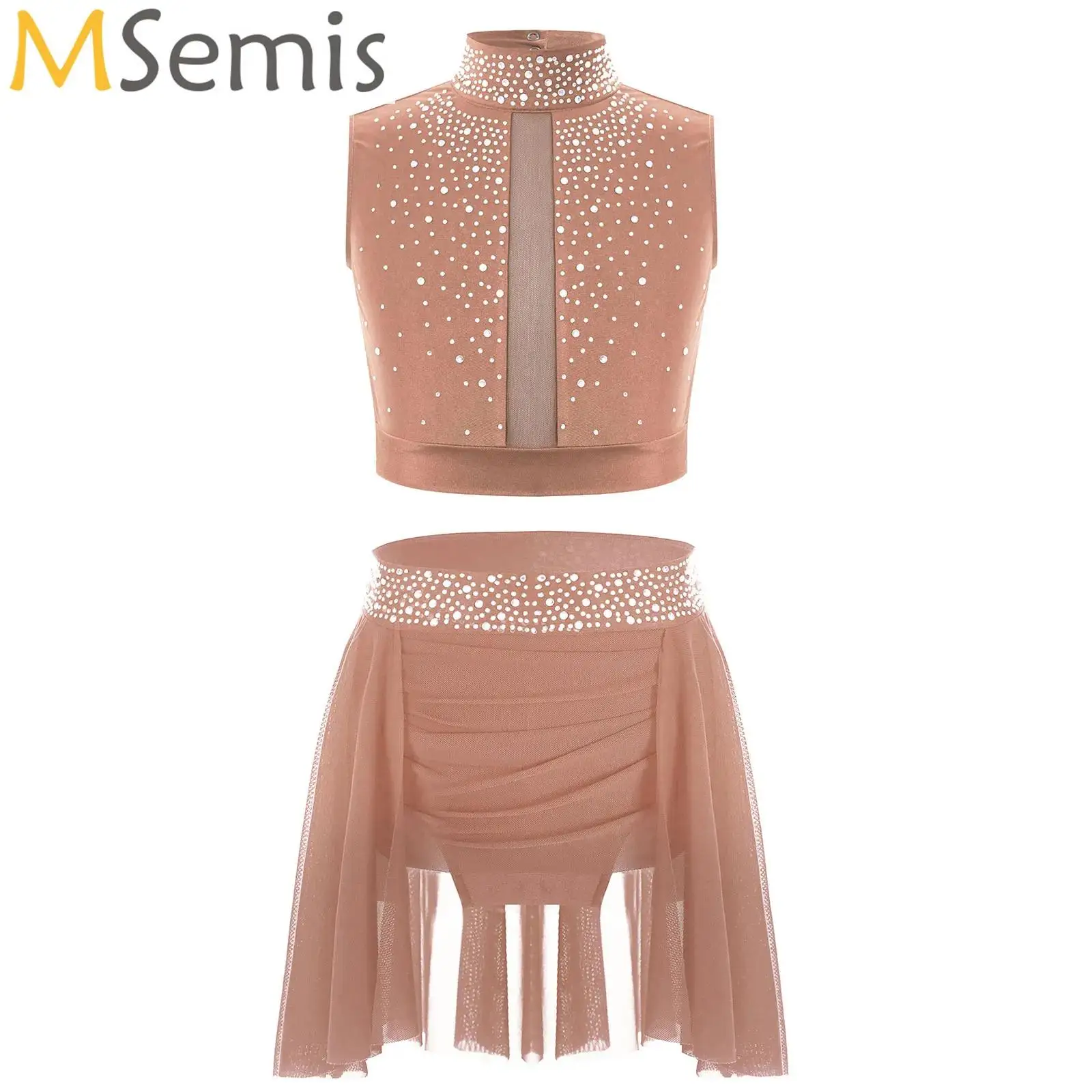 

Teen Girls Modern Lyrical Dance Performance Outfit Sleeveless Crop Top with Leotard Skirt for Skating Jazz Ballet Gymnastics