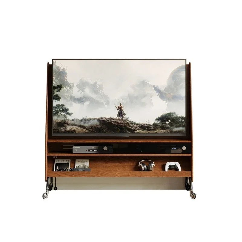 Solid wood TV stand movable TV cabinet home living room small apartment floor-standing carbon steel TV rack