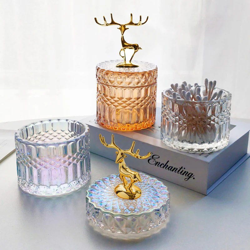 

Nordic Elk Crystal Glass Cotton Swab Box Toothpick Jar Cotton Storage Box with Lid Jewelry Storage Jar Home Decoration Modern