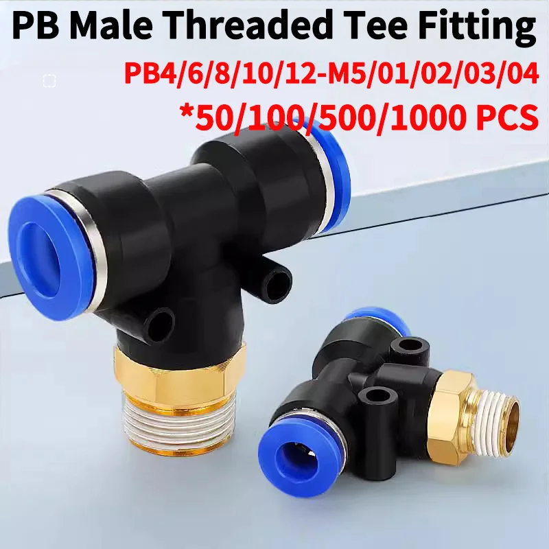 

PB Air Connector Fitting T Shape Tee 4mm 6mm 8mm 10mm 12mm Hose Pipe 1/8''1/4'' M5 3/8''1/2'' BSPT Male Thread Pneumatic Coupler