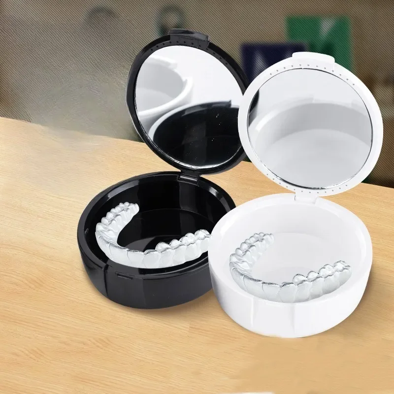 Caixa de armazenamento de dente oval compacta com espelho para dentaduras com design preto e branco caixa retentora ortodôntica portátil