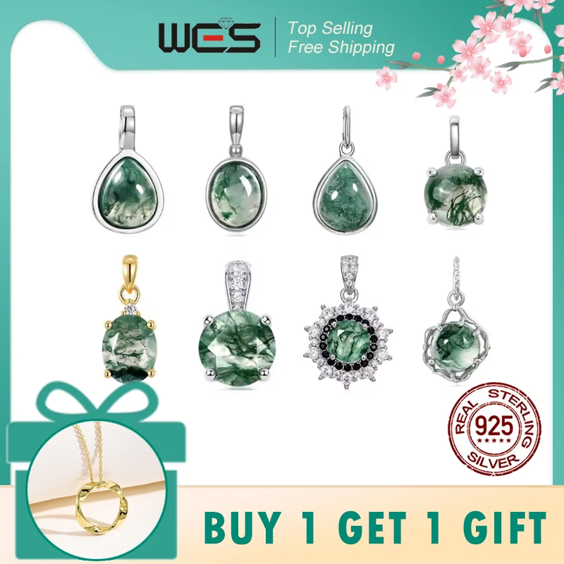 

WES 925 Sterling Silver Boho Natural Moss Agate Pendant for Woman No Chain Forest Jewelry Engagement Gifts Wholesale Gold Plated