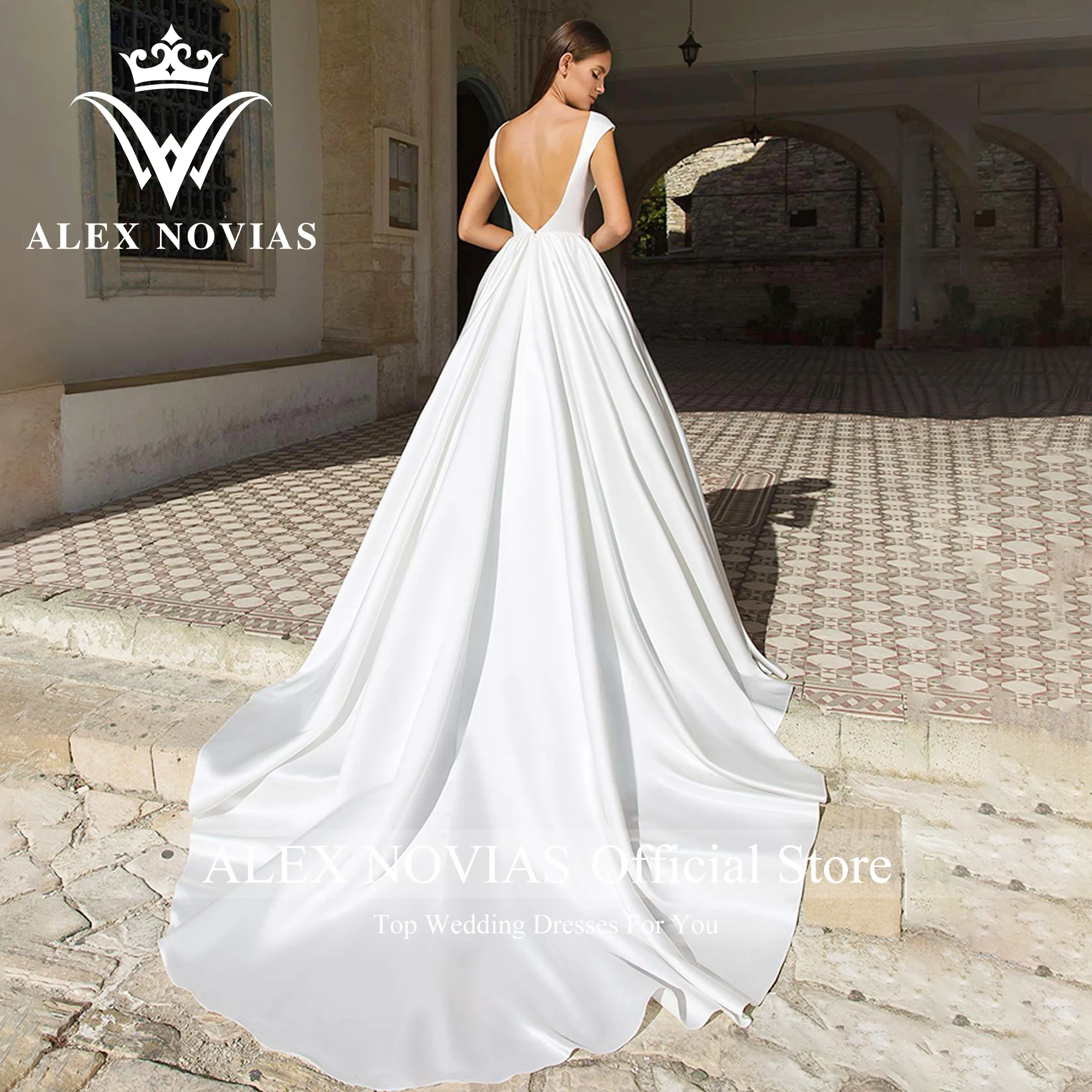 Alice NOVIAS – robe De mariée en Satin De haute qualité, jolie robe trapèze, dos nu, avec traîne, collection 2023