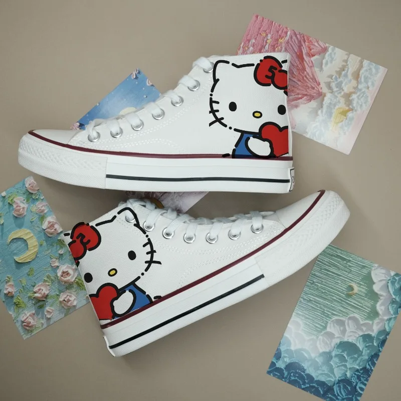 Kawaii Hello Kitty Printing White Sneakers Women Sanrio Lolita Shoes for Women College Style Lace Up Couple Canvas Shoes 2025