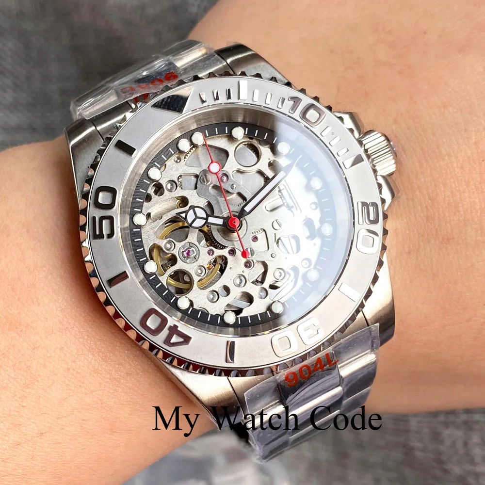 New Skeleton Mechanical Male Watch S NH70 Movt Hollow Dial Red Hand 120clicks Bezel Diver Wristwatch 20Bar Polish Strap