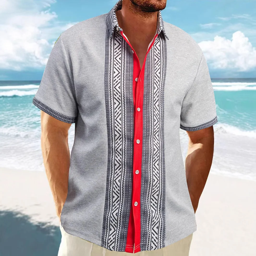 2025 Summer New Men's Short-sleeved Shirt Waffle Lapel Spliced button Top Cardigan Fashion Vintage Blouses for Male