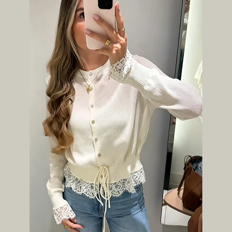 Retro Women Lace Spliced Knit Cardigan Drawstring Waist Cinch Design Button‑front Long Sleeve Soft Knitwear Casual Office Blouse
