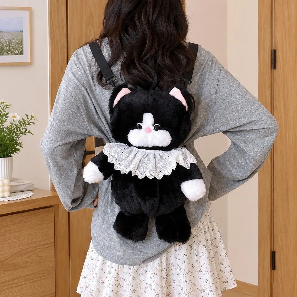 Black White Furry Cat Backpack Lightweight Zippered Cat Shoulder Bag Adjustable Strap Stuffed Animal Purse