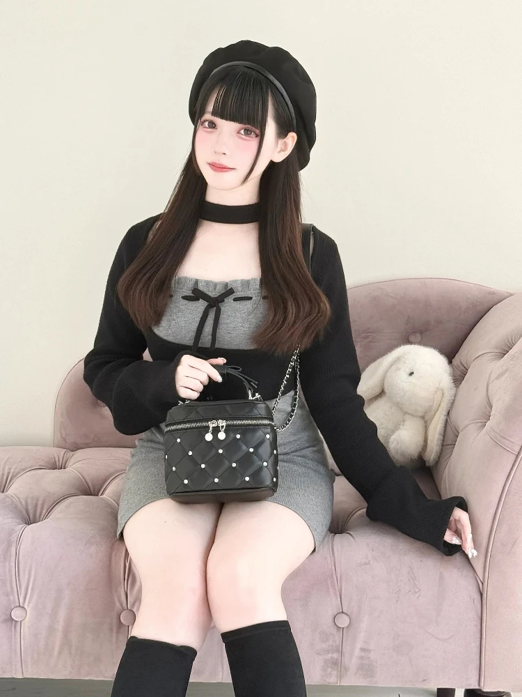 Estilo japonês original produzido em massa camisola de manga longa vestidos sem mangas conjunto de duas peças para mulher bodycon vestido curto outono