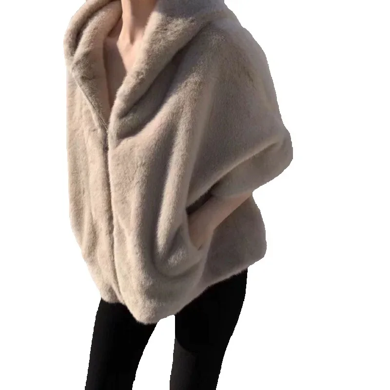 

2025 Autumn Winter New Lmitation Fur Coat Women 2025 New Fashion Loose Hooded Jacket Pure Colour Outerwear Female
