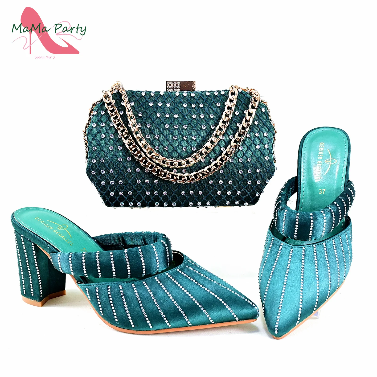 Teal Green Color Fashion Design Nigerian Shoes and Bag Set Comfortable Heels with Shinning Crystal Mature Ladies Slipper