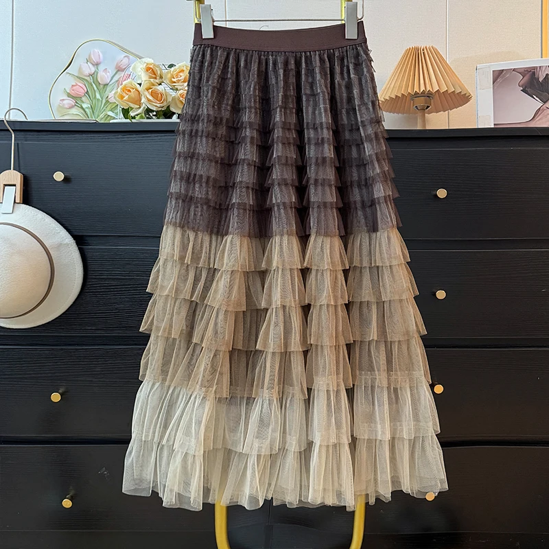 レディース フレンチスタイル メッシュスカート 2025 秋新作 個性的デザイン ハイウエストスカート おしゃれ シック Aライン グラデーションカラースカート