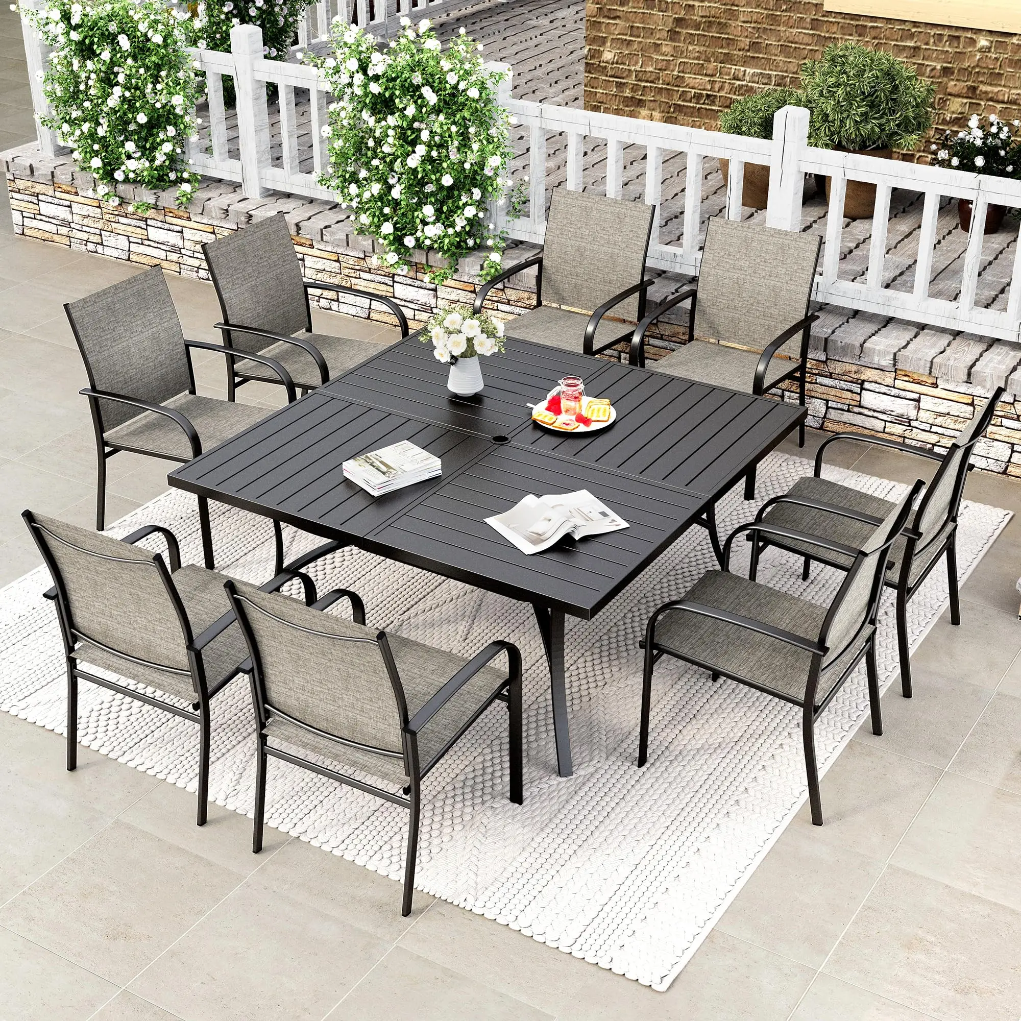 AJUNION 9 Pieces Patio Dining Set 8 Seat Textile Dining Chair And 60