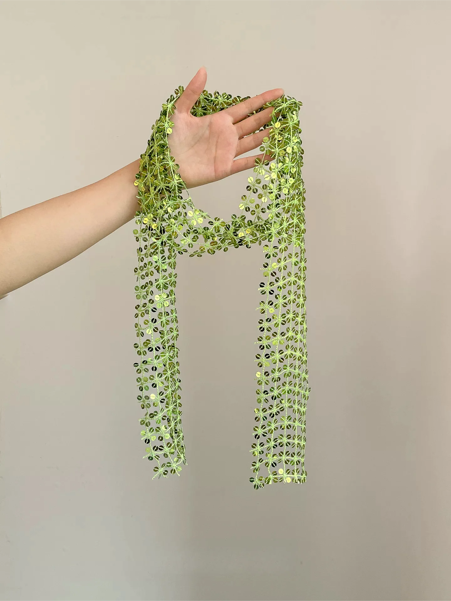 Sequin Woven Hollow Out Scarf Decoration Necklace Ribbon Green 
