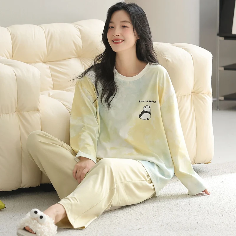 2026 Autumn Long Sleeve 100% Cotton Print Pajama Sets for Women Korean Loose Sleepwear Pyjama Homewear Pijama Mujer Home Clothes
