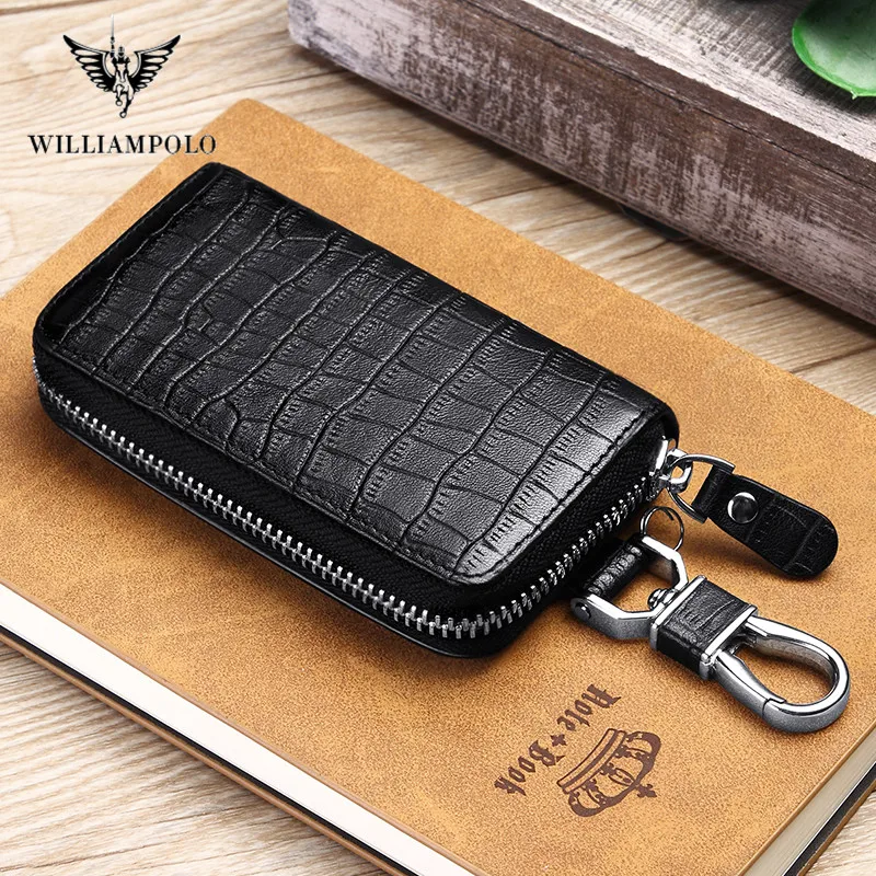 

WILLIAMPOLO Men Key Holder Genuine Cow Leather Crocodile Pattern Keychain Men Housekeeper Men Key Case Bag Organizer Pouch