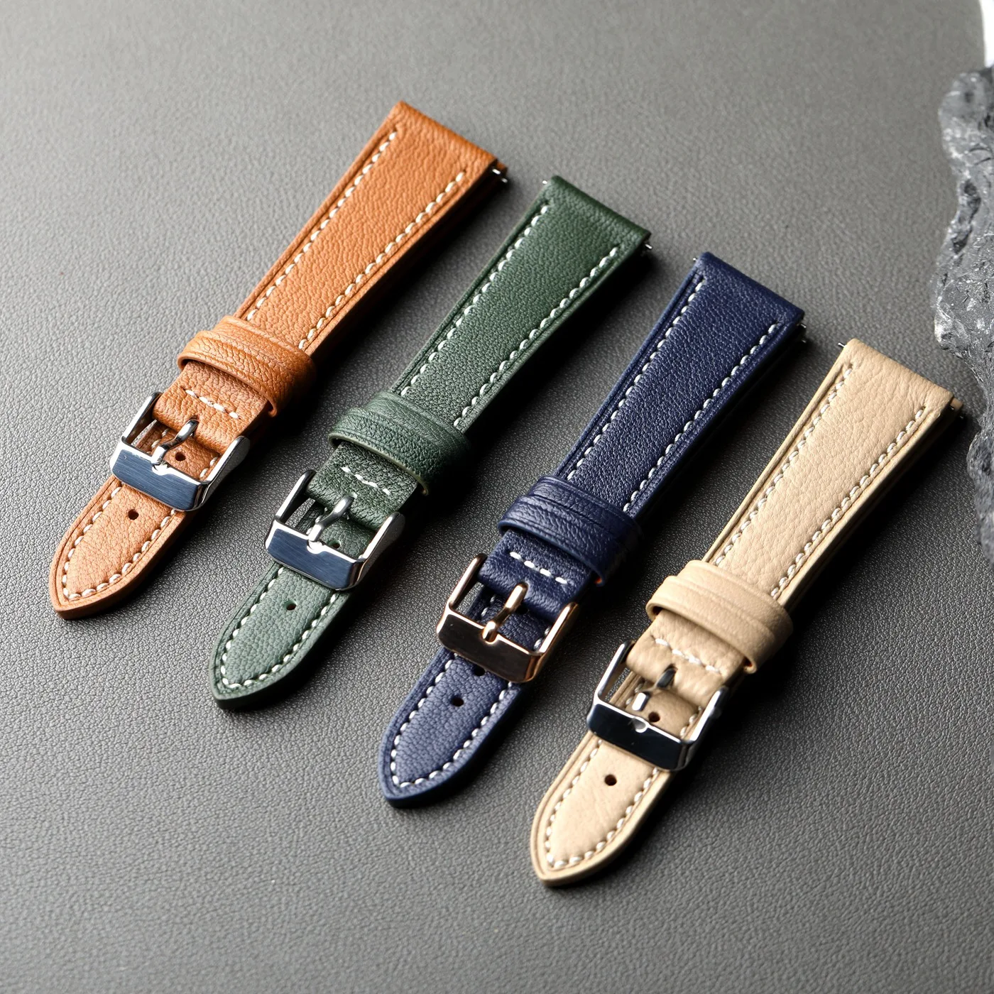 Handmade French goat leather strap 18 19 20 21 22MM quick release soft leather strap, suitable for antique watches in blue-green