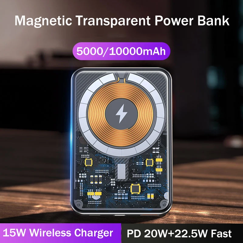 

Power Bank Magnetic Wireless 15W for iPhone13 Samsung Huawei 22.5W PD 20W Fast Charge 10000mAh Transparent Poverbank for Xiaomi