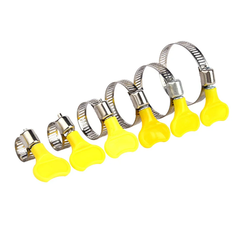 5 pcs 8-44mm Adjustable Yellow Plastic Handle Hand Twist Hose Clamps Worm Driving Stainless steel Pipe Clips For Tube