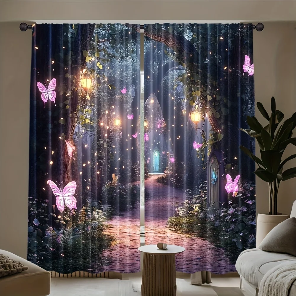 Enchanted Fairy Forest Curtain Panels,Glowing Butterfly Lantern Path Elf House Print Drapes for Fantasy‑Theme Bedroom Home Decor