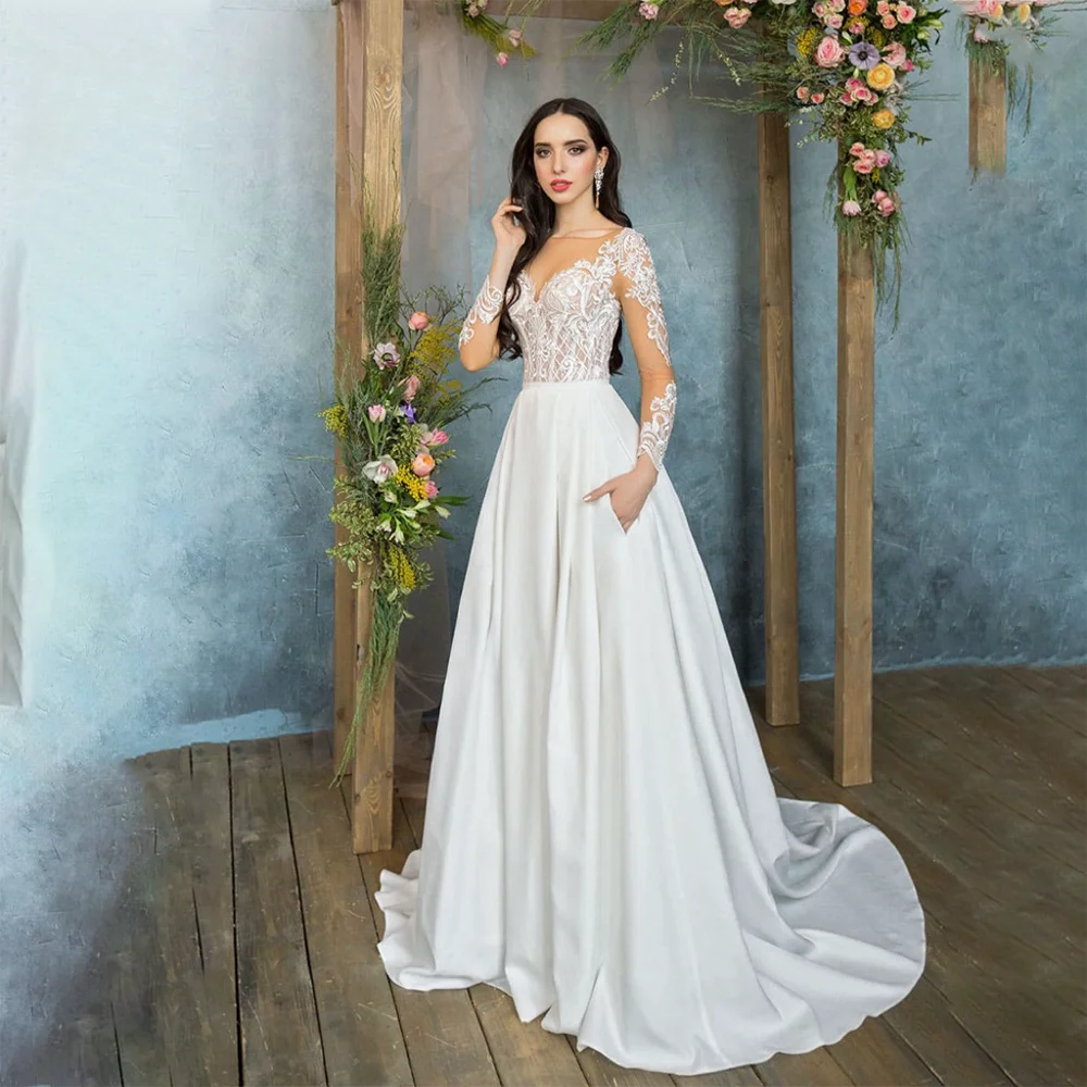 Exquisito y elegante línea A Vestidos de Novia para mujer Apliques de encaje Vestidos de Novia personalizados Vestidos clásicos de manga larga Novias Boda