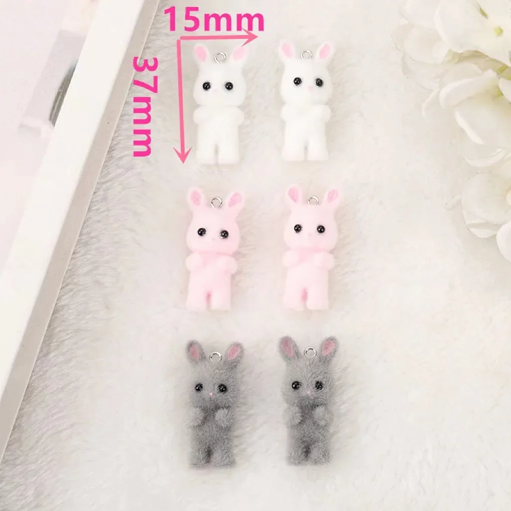 3pcs 3D Fluffy Flocking cute cartoon Rabbits Charms Miniature Dolls Pendant Keychain Necklace DIY Crafts Jewelry Make