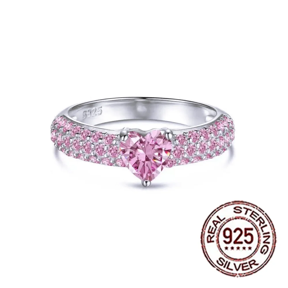 S925 Silberner Herzförmiger Rosa CZ Damen-Versprechensring mit Mikro-Pavé Eternity-Band für Verliebte, Romantischer Schmuck als Geschenk SR109 – Detail 10