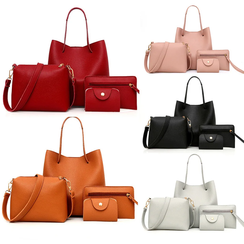 Women'S Fashion Leather Litchi Pattern 4pcs Single Shoulder Handbag Crossbody Wallet Women'S Bag Set Multicolor Versatile Daily