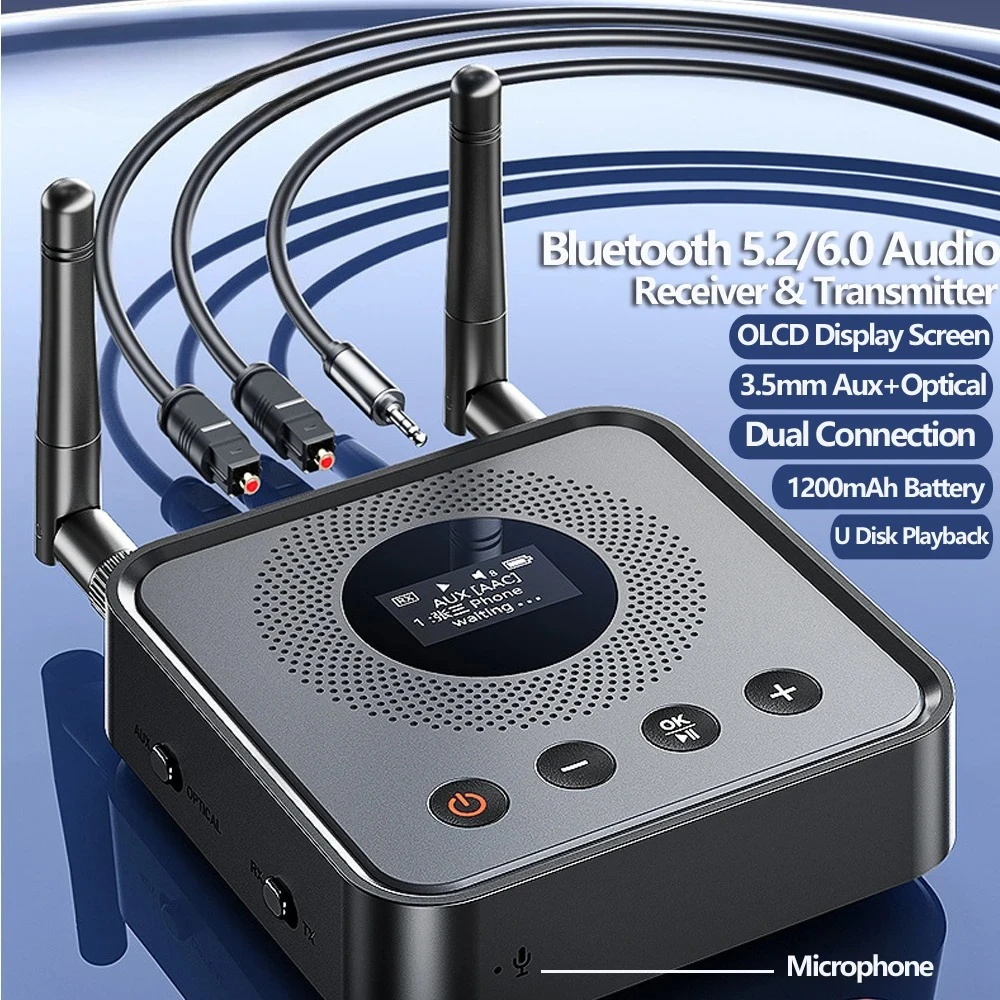 OLCD Bluetooth 6.0/5.2 Audio Receiver Transmitter AAC aptX-LL/AD/HD 3.5mm Aux Optical Wireless Stereo Music U Disk Player