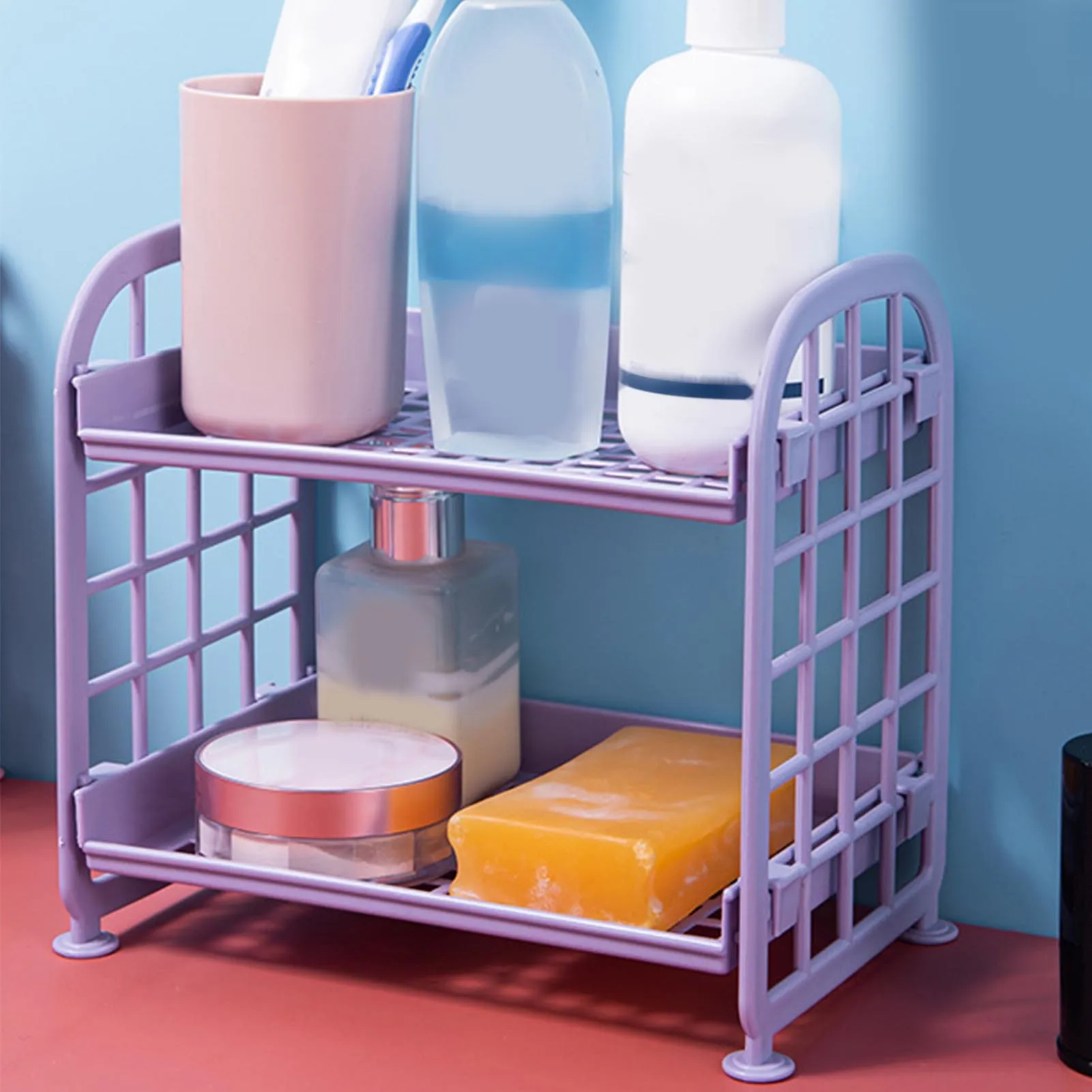 Desktop Storage Rack 2 Tier Foldable Strong Load Bearing Desk Shelf Organizer for Cosmetics Bathroom Kitchen 2 Tier Desktop Rack