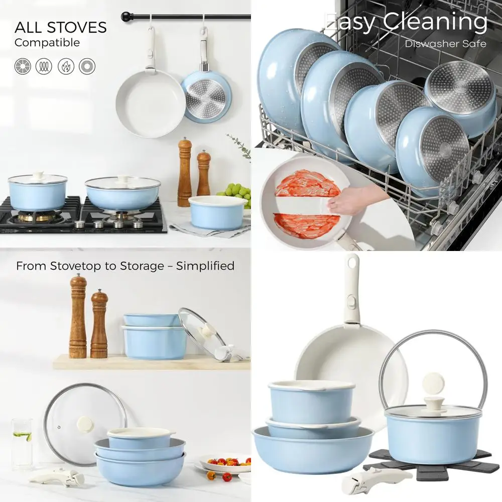 

Blue Nonstick 15-Piece Pots and Pans Set with Detachable Handles, Oven-Safe, Induction Compatible, Stackable Cookware