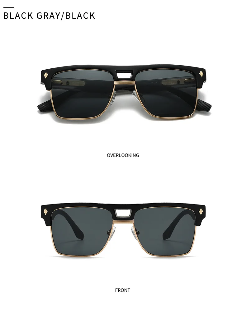 SHAUNA Übergroße Halbrahmen-Sonnenbrille mit Doppelbrücke, Retro-Herren-Quadrat-Sonnenbrille, Modische Luxus-Damen-Sonnenbrille mit Nieten, Trendige UV400-Schutzgläser – Detail 12