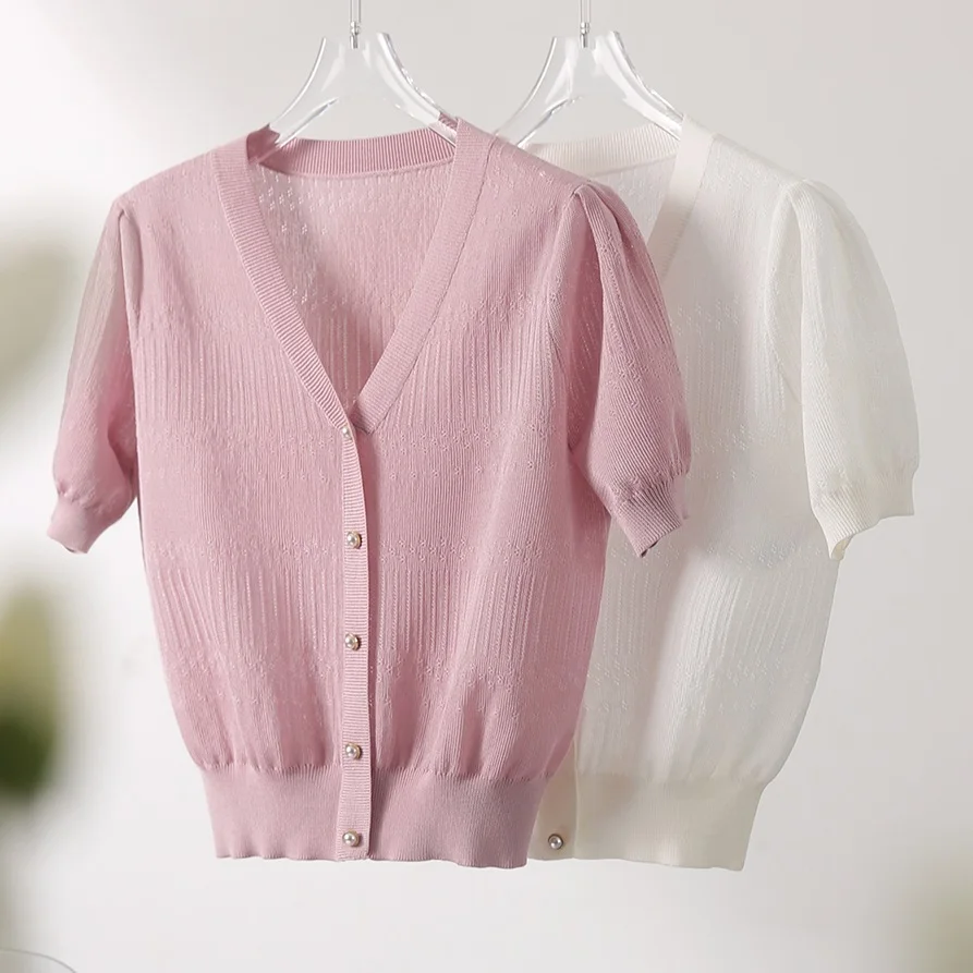 TuangBiang Female Summer 2023 Hollow Out Delicate Button Pullovers V-Neck Knit Short Sleeves T-Shirts Women Thin Loose Pink Tops