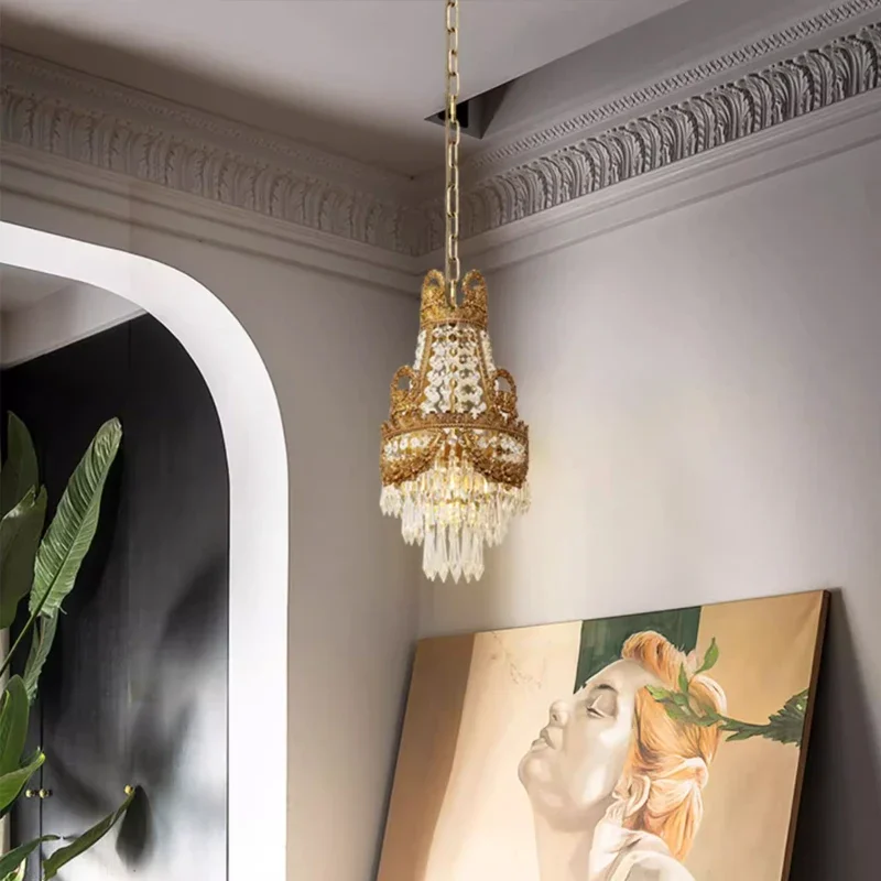 French Baroque Small Crystal Drop Lamp Chandelier European Luxury Royal Crown Bedside Cluster Pendant Light