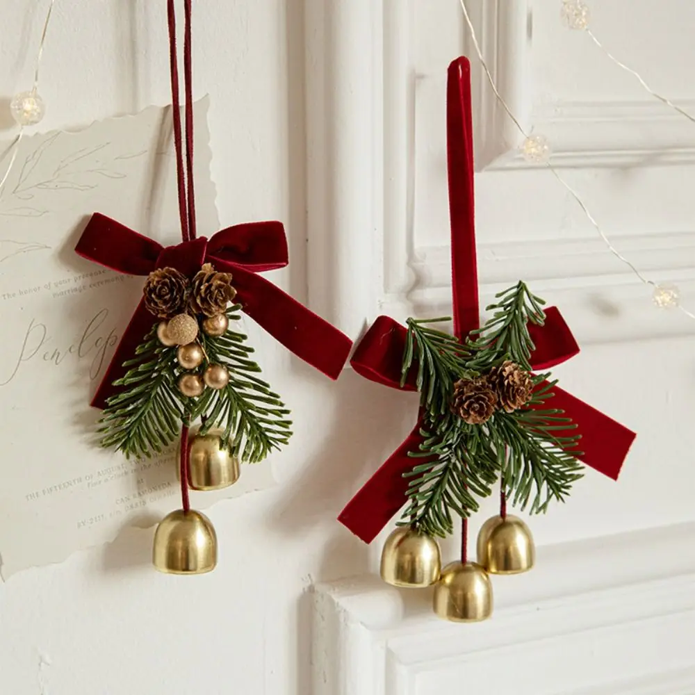 Red Christmas Velvet Bow Bell Hanging Metal Christmas Chime Bell Festive Crisp Sound Pine Cone Bell Pendant