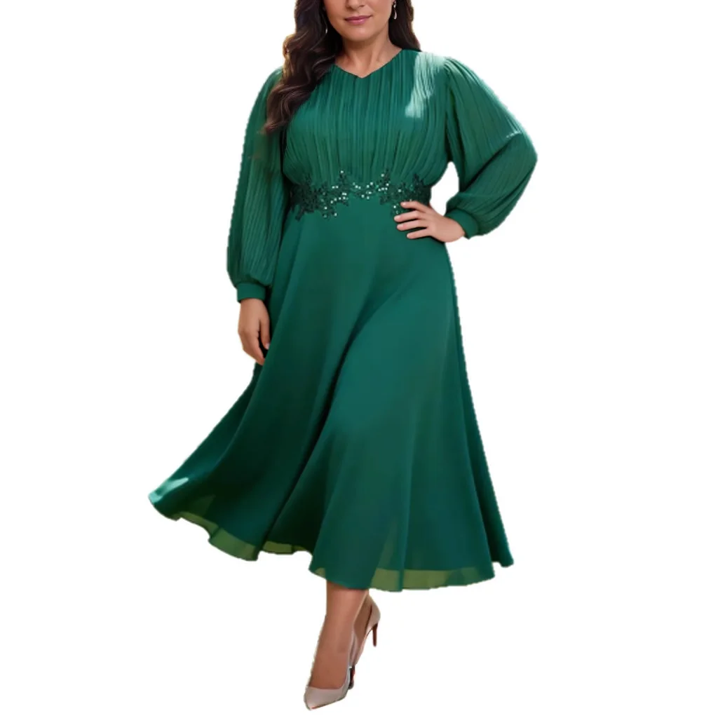 

Elegant Waist Embroidery Chiffon Long Formal Evening Party Dress With Long Sleeves Green