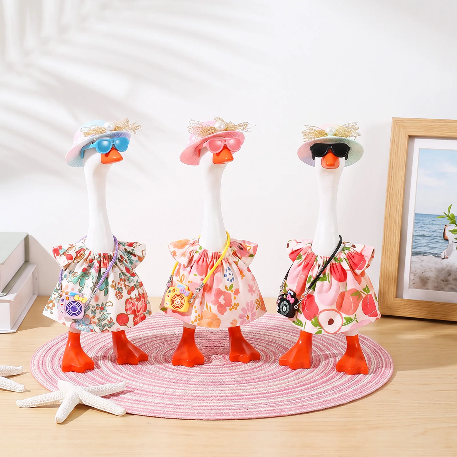 4 Set Desk Goose Clothes 7 Inch Goose Statue Outfit Hat Dress Camera and Sunglasses Table Decor for Dressing and Displaying