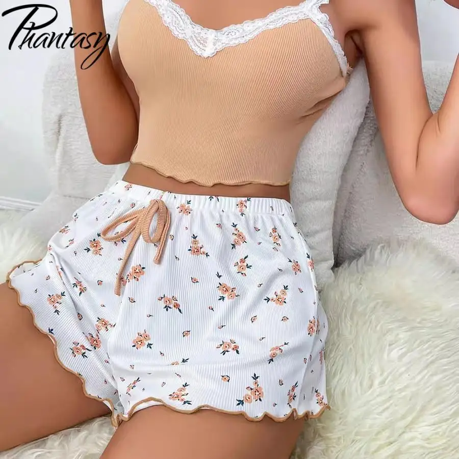 

Phantasy женский кружевной пижамный комплект с v-образным вырезом, женский мягкий жилет-бретелька, шорты с принтом, домашняя одежда, повседневный стиль, лето 2023 г.