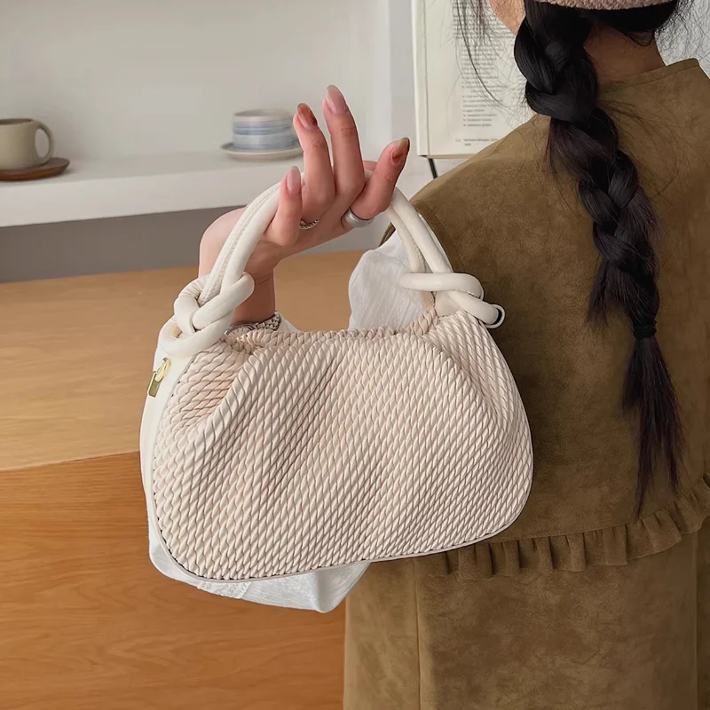 

Minimalist Textured Woven Handbag With Knot Handle Design Solid Color Magnetic Snap Crossbody Bag Women Dating Shoulder Handbag