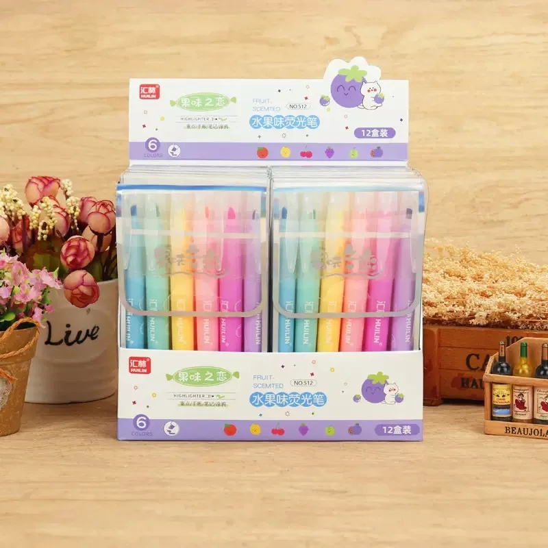 6pcs/set Colored Fruit With Light Taste Fluorescent Pen Student Marker Key Marker Hand Account Drawing Brush