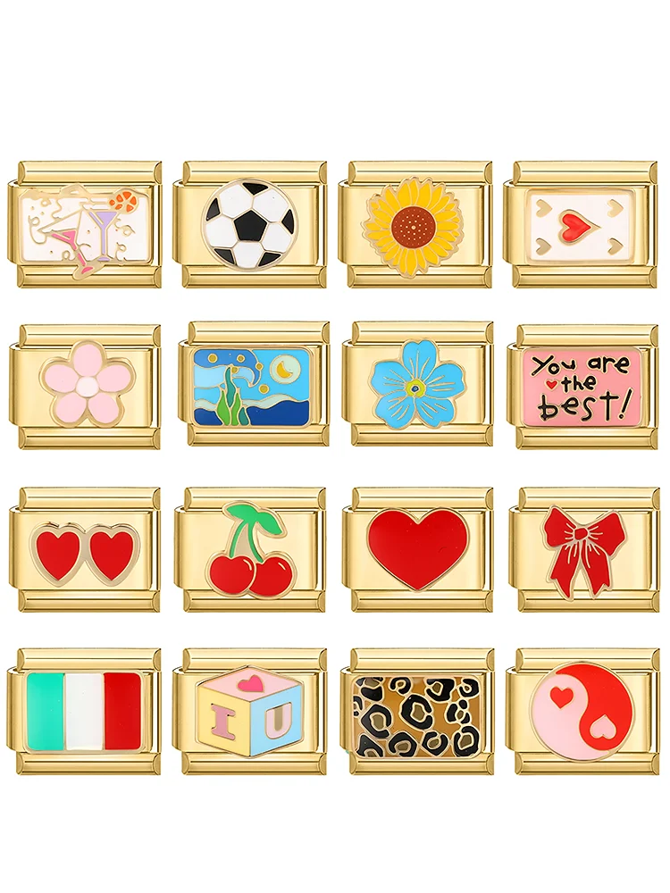 Couleur or tournesol coeur cerise football léopard italien charme liens ajustement 9mm Bracelet en acier inoxydable hommes femmes bricolage faisant des cadeaux