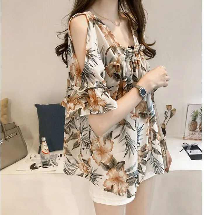 Women Summer Casual Tops Chiffon Off-the-shoulder V-neck Loose Fashion Puff Sleeves Printed Ruffle Top Elegant Ladies shirts