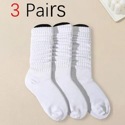 3 Pairs Women Pile Up Socks Fashionable Trendy Versatile White Solid Color Basic Socks Comfortable Breathable Mid Length Socks