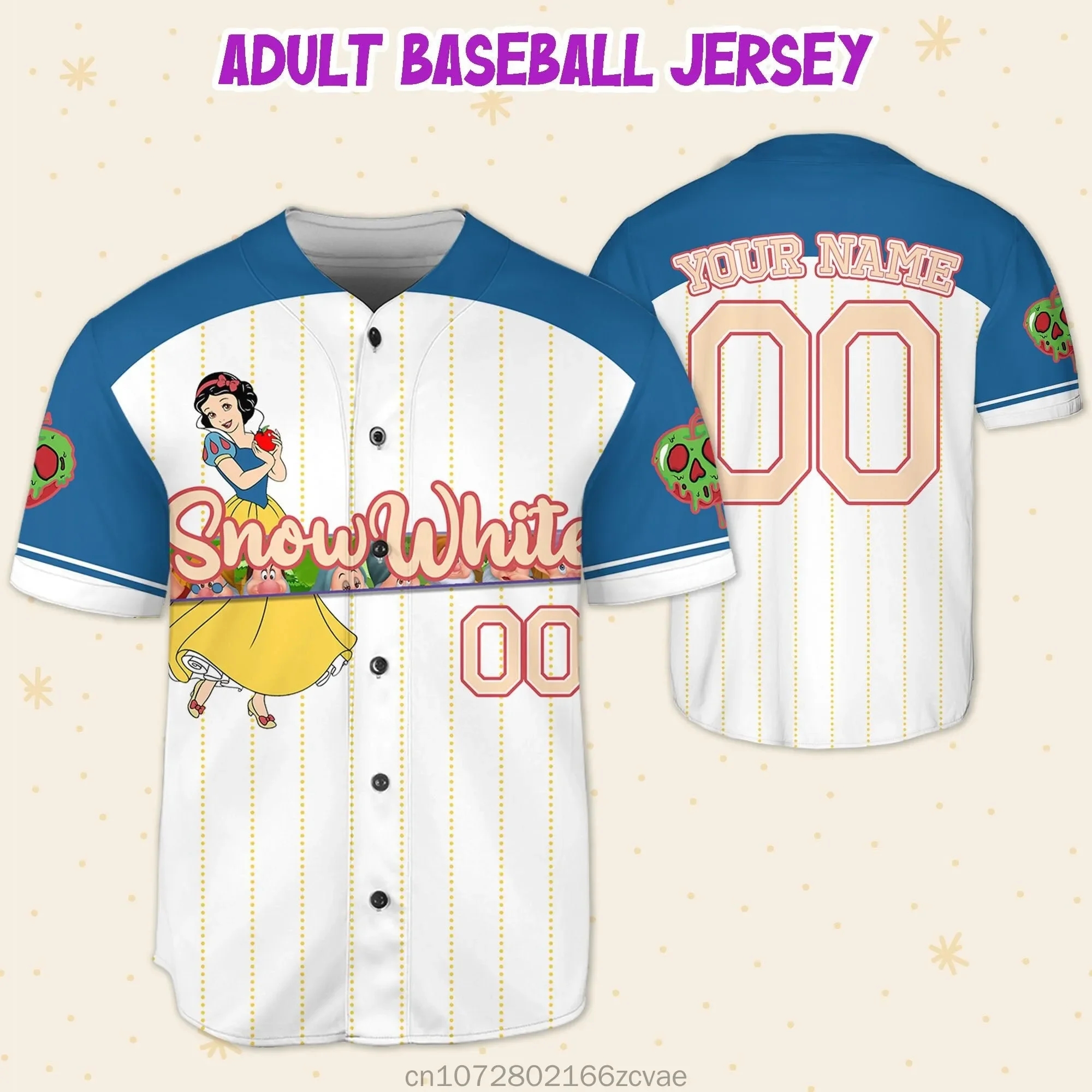 

2024 Disney Snow White Princess Baseball Jersey Outdoor Sports Style Casual Jersey Men's and Women's Custom Name T-shirt