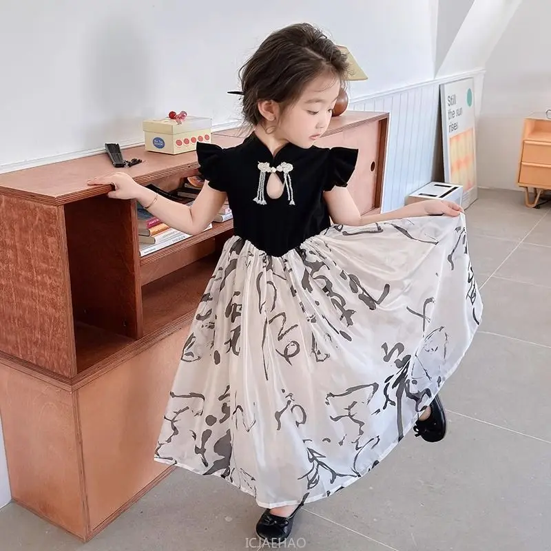 

New Chinese Style Summer Dress for Girls Kids PrincessTraditional Floral Banquet Guest Wear Party Gown Toddler Birthday Outfit
